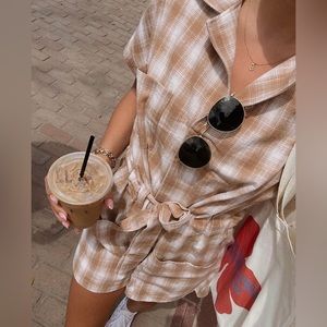 ALLIE ROSE TAN PLAID COLLARED ROMPER